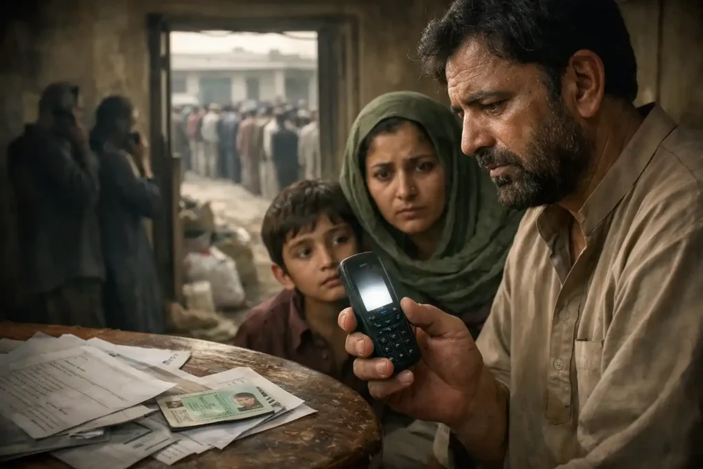 Pakistani family facing 8070 Ramzan Package SMS registration problems due to network issues, CNIC errors, eligibility verification, ration delay, and scam calls