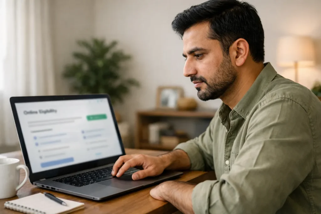 a person infront of a laptop searching online portal for ramzan nighaban package 2026