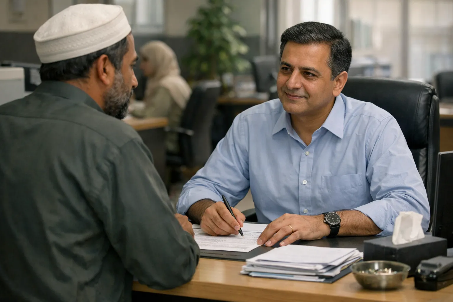 a Pakistani citizen standing at a ramzan package government welfare or social support office help desk.