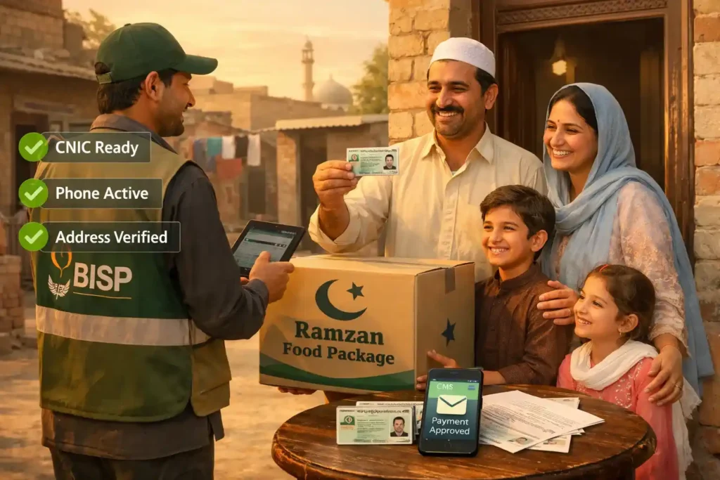 Pakistani family receiving Ramzan Package 2026 at doorstep with BISP delivery officer verifying CNIC for door-to-door delivery system