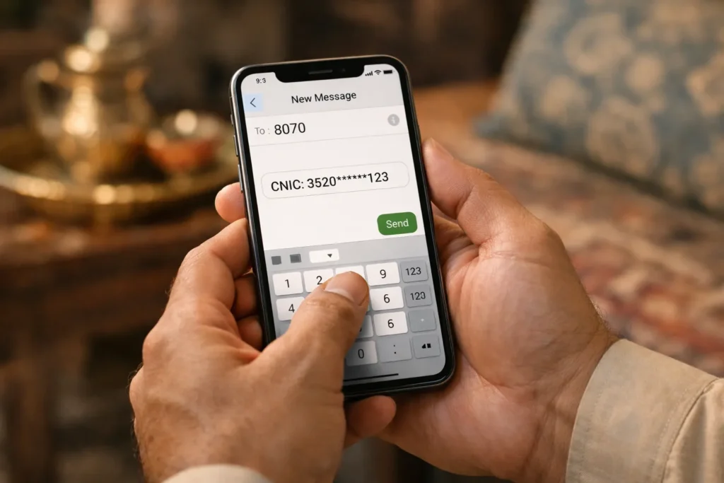Pakistani person checking 8070 Ramzan Package application status on smartphone by typing CNIC number in SMS app to send to 8070 for instant eligibility update in 2026