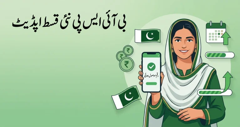 A clean, modern flat-design featured image for a Pakistani government welfare news article. A confident Pakistani woman in a dupatta holding a mobile phone showing a payment confirmation, with rupee notes, a calendar icon, and an upward arrow suggesting an increase. Pakistan flag green-and-white color scheme, soft green gradient background, professional and trustworthy editorial style. Empty space in the upper-left for a headline. Bold Urdu headline in clear Nastaliq font reading "بی آئی ایس پی نئی قسط اپڈیٹ" placed in the empty space. High resolution, 1200x630 aspect ratio, sharp, uncluttered. --ar 1200:630